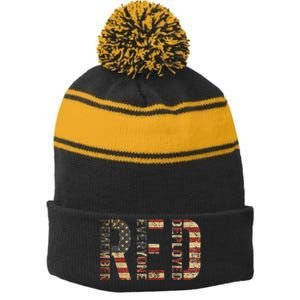 Red Friday Military Support Remember Everyone Deployed Stripe Pom Pom Beanie