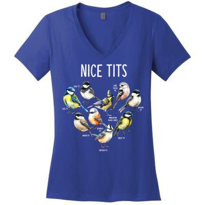 Retro Funny Nice Tits Birds Birdwatcher Bird Watching Humor Gift Women's V-Neck T-Shirt