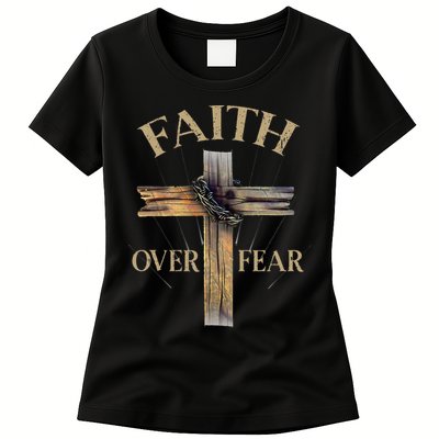 Religious Faith Over Fear Christian Cross Womens T-Shirt