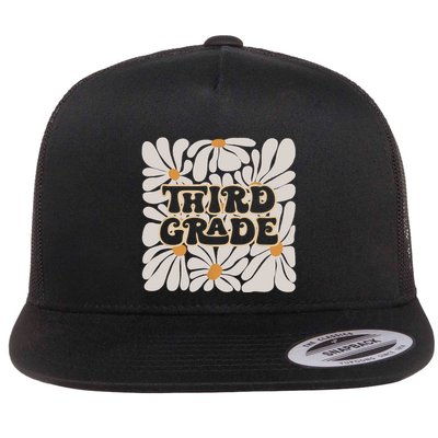 Retro Flower Power Squared Third 3rd Grade Back To School Flat Bill Trucker Hat