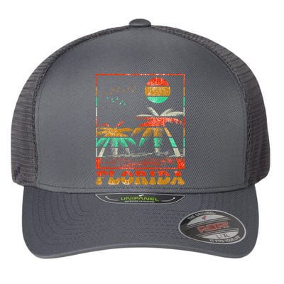 Retro Florida Palm Trees Flexfit Unipanel Trucker Cap