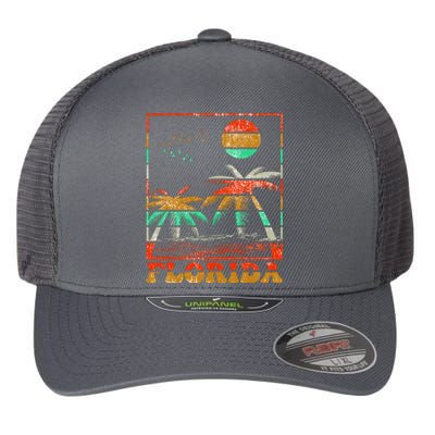 Retro Florida Palm Trees Flexfit Unipanel Trucker Cap