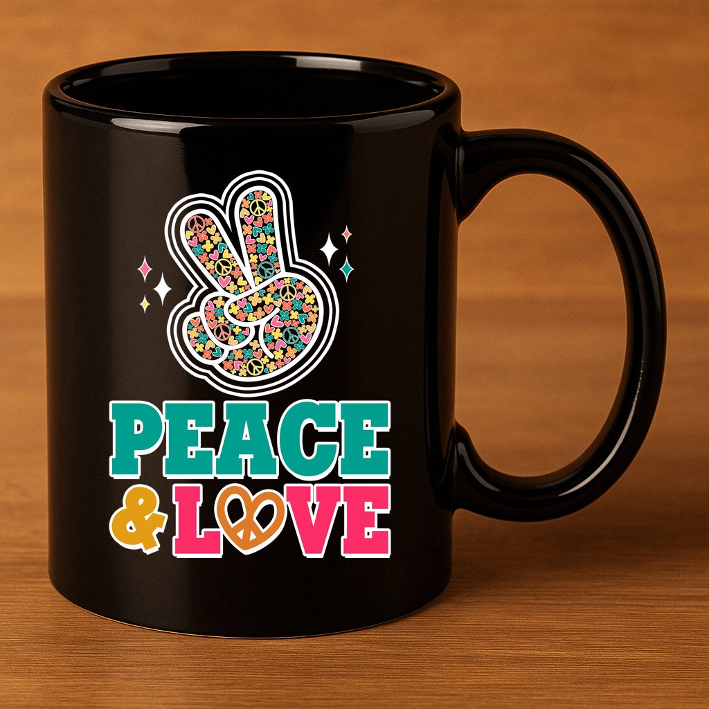 Retro Flower Power Peace And Love 11oz C Handle Ceramic Mug