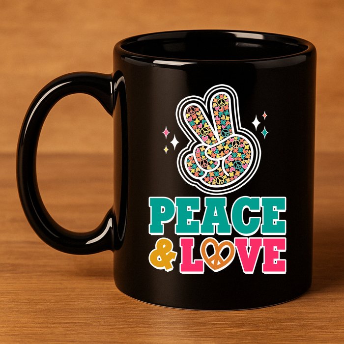 Retro Flower Power Peace And Love 11oz C Handle Ceramic Mug