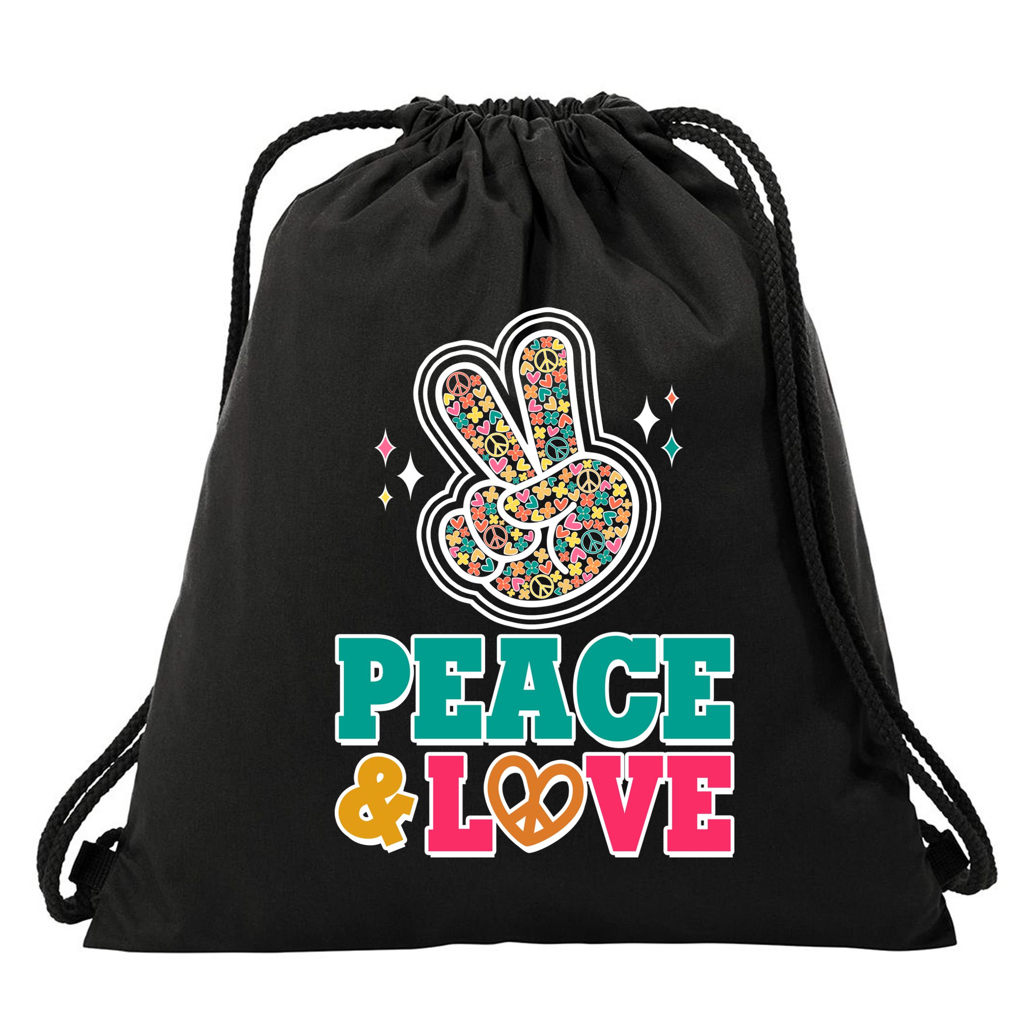 Retro Flower Power Peace And Love Drawstring Bag
