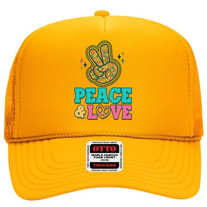 Retro Flower Power Peace And Love High Crown Mesh Back Trucker Hat