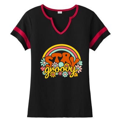 Retro Flowers Peace Stay Groovy Positive Mind Happy Life Ladies Halftime Notch Neck Tee