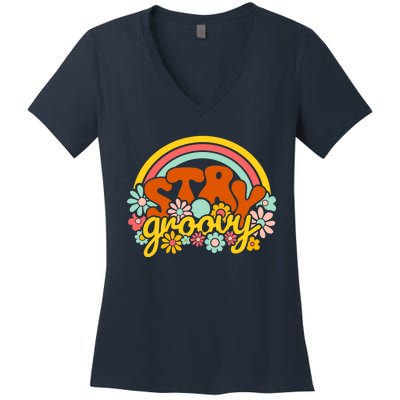 Retro Flowers Peace Stay Groovy Positive Mind Happy Life Women's V-Neck T-Shirt