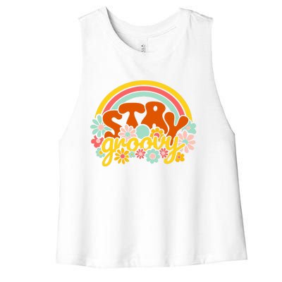 Retro Flowers Peace Stay Groovy Positive Mind Happy Life Women's Racerback Cropped Tank