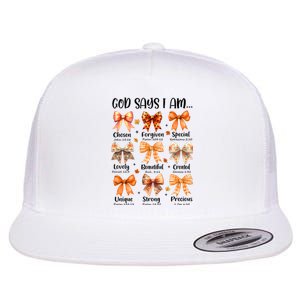 Retro Fall Pumpkin Bow God Says You Are Flat Bill Trucker Hat