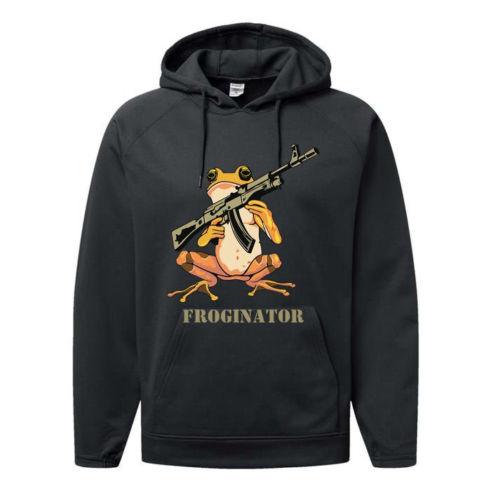 Random Funny Quirky Frog Rifle Froginator Performance Fleece Hoodie