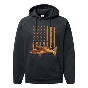 Redfish Fishing Red Drum Tailing Usa American Flag Fisherman Performance Fleece Hoodie