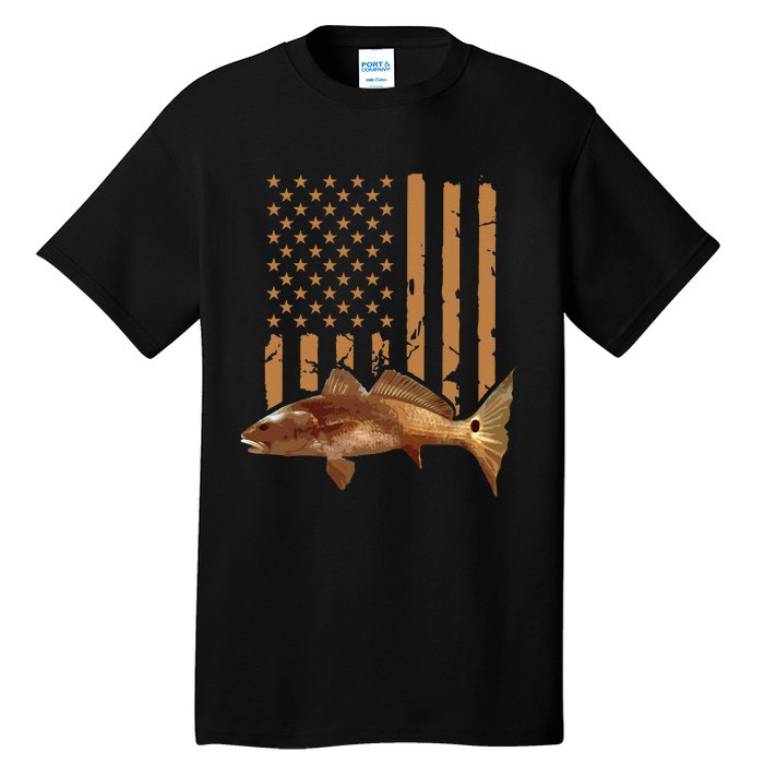 Redfish Fishing Red Drum Tailing Usa American Flag Fisherman Tall T-Shirt