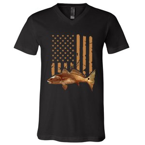 Redfish Fishing Red Drum Tailing Usa American Flag Fisherman V-Neck T-Shirt