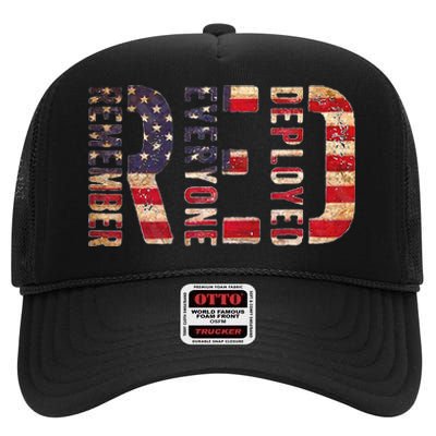 Red Fridays Remember Everyone Deployed American Flag High Crown Mesh Back Trucker Hat