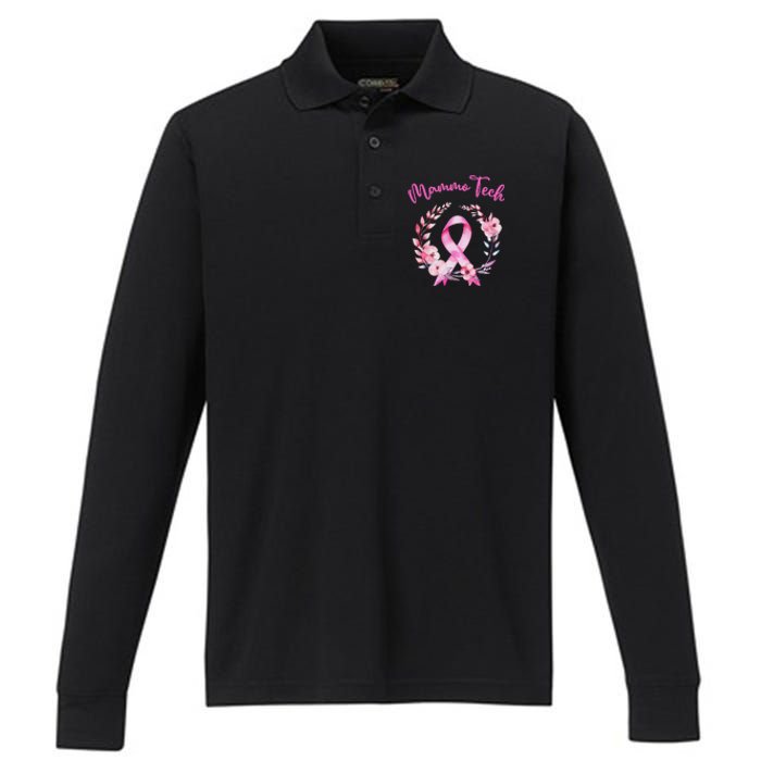 Retro Floral Ribbon Mammo Tech Mammography Technologist Performance Long Sleeve Polo