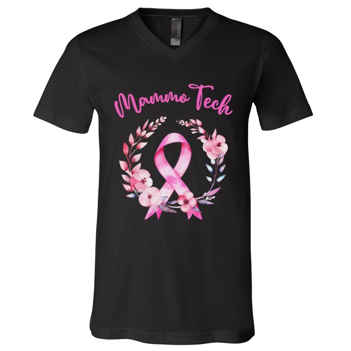 Retro Floral Ribbon Mammo Tech Mammography Technologist V-Neck T-Shirt