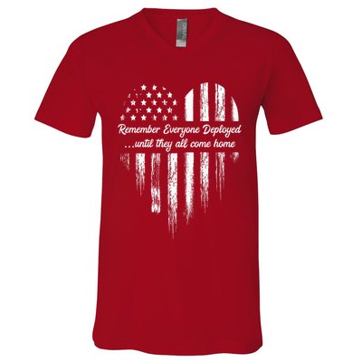 Red Friday Remember Everyone Deployed American Flag Heart V-Neck T-Shirt