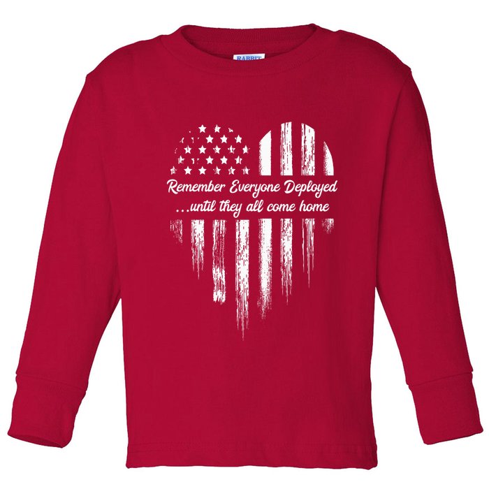 Red Friday Remember Everyone Deployed American Flag Heart Toddler Long Sleeve Shirt