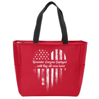 Red Friday Remember Everyone Deployed American Flag Heart Zip Tote Bag