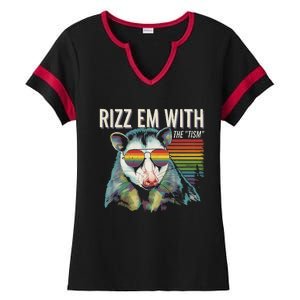 Retro Funny Raccoon With Sunglasses Rizz Em With The Tism Ladies Halftime Notch Neck Tee