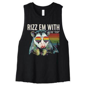 Retro Funny Raccoon With Sunglasses Rizz Em With The Tism Women's Racerback Cropped Tank