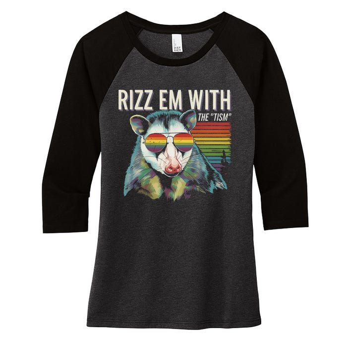 Retro Funny Raccoon With Sunglasses Rizz Em With The Tism Women's Tri-Blend 3/4-Sleeve Raglan Shirt