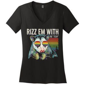 Retro Funny Raccoon With Sunglasses Rizz Em With The Tism Women's V-Neck T-Shirt