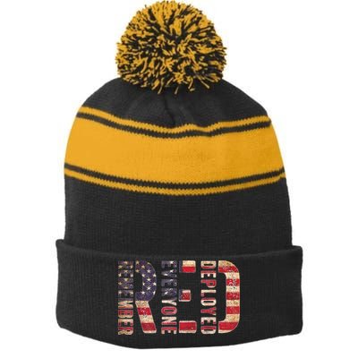 Red Fridays Remember Everyone Deployed American Flag Stripe Pom Pom Beanie