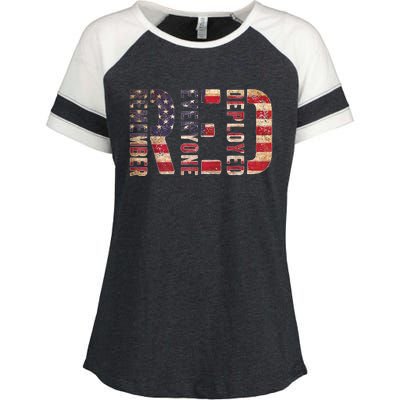 Red Fridays Remember Everyone Deployed American Flag Enza Ladies Jersey Colorblock Tee