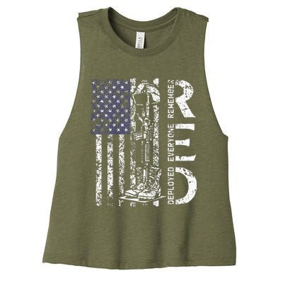 RED Friday Remember Everyone Deployed Retro US Army Military Women's Racerback Cropped Tank