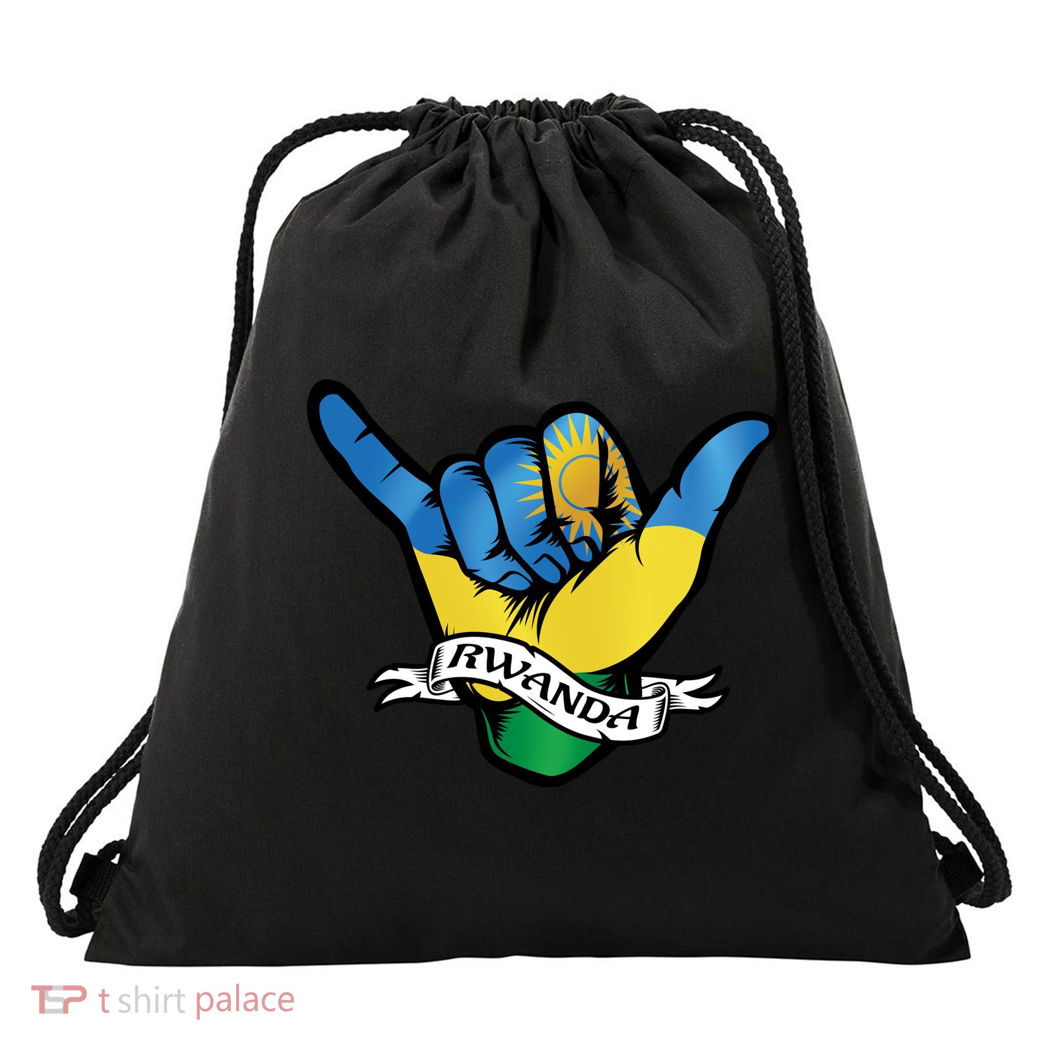 Rwanda Flag Shaka Hand Symbol Drawstring Bag