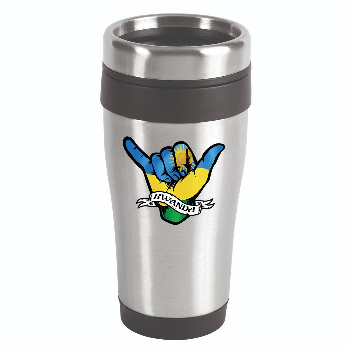 Rwanda Flag Shaka Hand Symbol 16oz Travel Tumbler