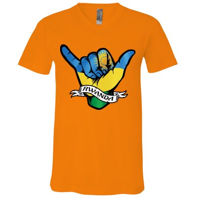 Rwanda Flag Shaka Hand Symbol V-Neck T-Shirt