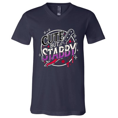 Retro Funny Scary Cute But Stabby Spooky Hallowen Dark Humor V-Neck T-Shirt