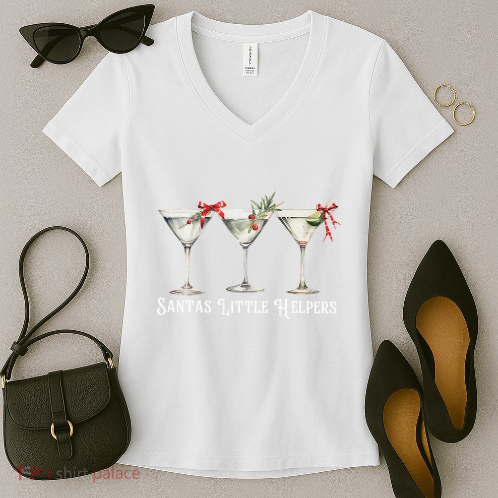 Retro Funny SantaS Little Helper Martini Merry Christmas Women's V-Neck T-Shirt