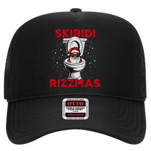 Rizzmas Funny Santa Toilet White Elephant Christmas High Crown Mesh Back Trucker Hat