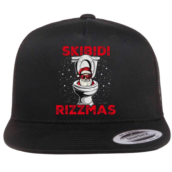 Rizzmas Funny Santa Toilet White Elephant Christmas Flat Bill Trucker Hat