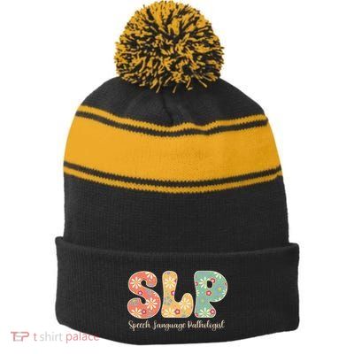 Retro Floral Slp Speech Language Pathologist Speech Therapy Stripe Pom Pom Beanie
