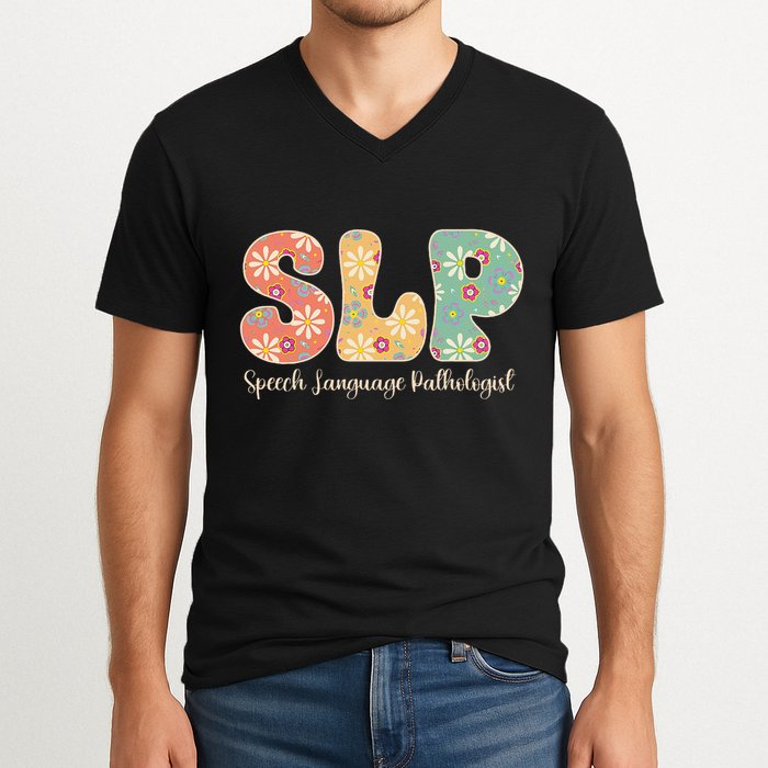 Retro Floral Slp Speech Language Pathologist Speech Therapy V-Neck T-Shirt