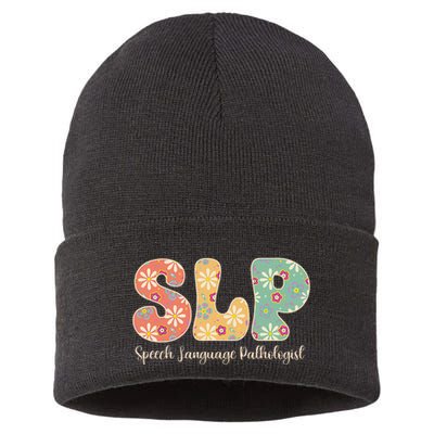 Retro Floral Slp Speech Language Pathologist Speech Therapy Sustainable Knit Beanie