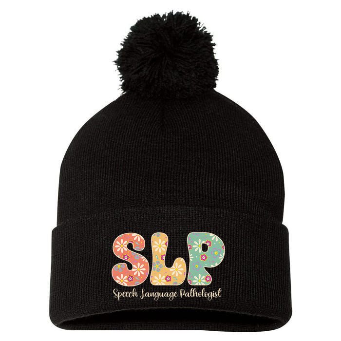 Retro Floral Slp Speech Language Pathologist Speech Therapy Pom Pom 12in Knit Beanie