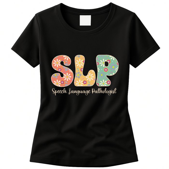 Retro Floral Slp Speech Language Pathologist Speech Therapy Womens T-Shirt
