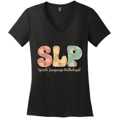 Retro Floral Slp Speech Language Pathologist Speech Therapy Women's V-Neck T-Shirt