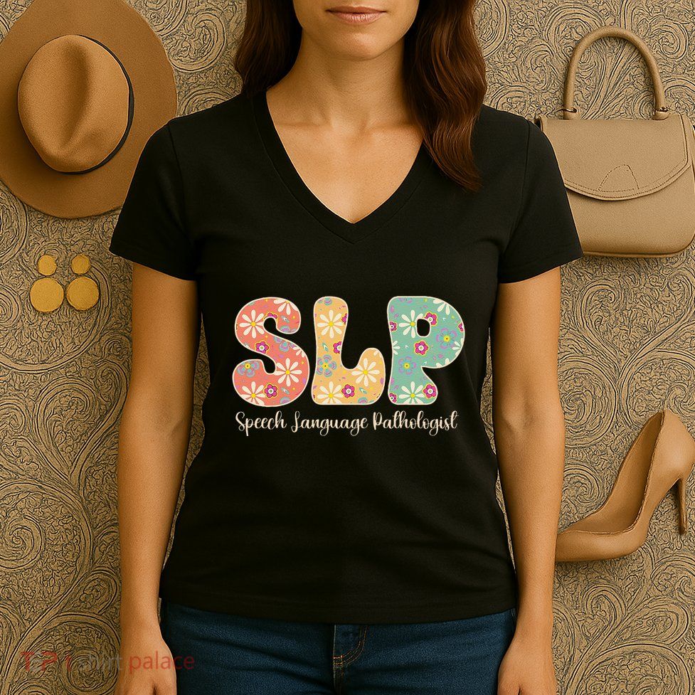 Retro Floral Slp Speech Language Pathologist Speech Therapy Women's V-Neck T-Shirt