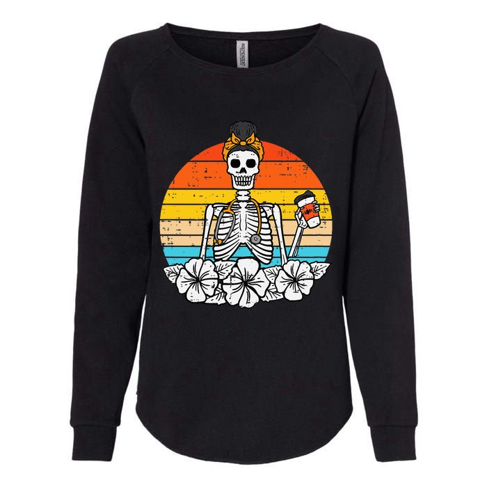 Retro Floral Skeleton Nurse Halloween Scrub Top Fall Womens California Wash Sweatshirt