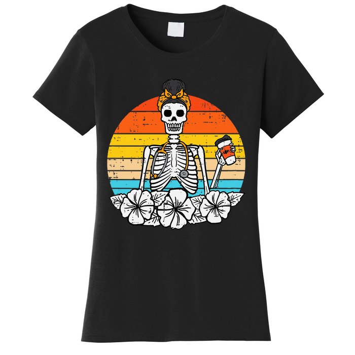 Retro Floral Skeleton Nurse Halloween Scrub Top Fall Women's T-Shirt