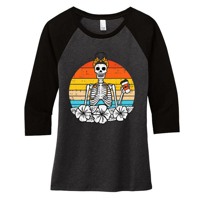 Retro Floral Skeleton Nurse Halloween Scrub Top Fall Women's Tri-Blend 3/4-Sleeve Raglan Shirt