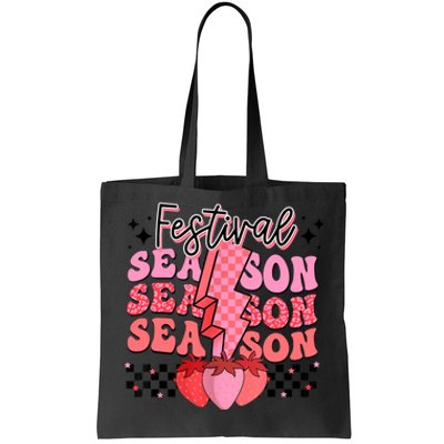 Retro Festival Season Strawberry Checkered Lightning Summer Tote Bag