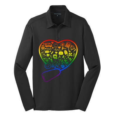 Rainbow Flag Stethoscope Heart Nurse Doctor Lgbt Ally Pride Gift Silk Touch Performance Long Sleeve Polo